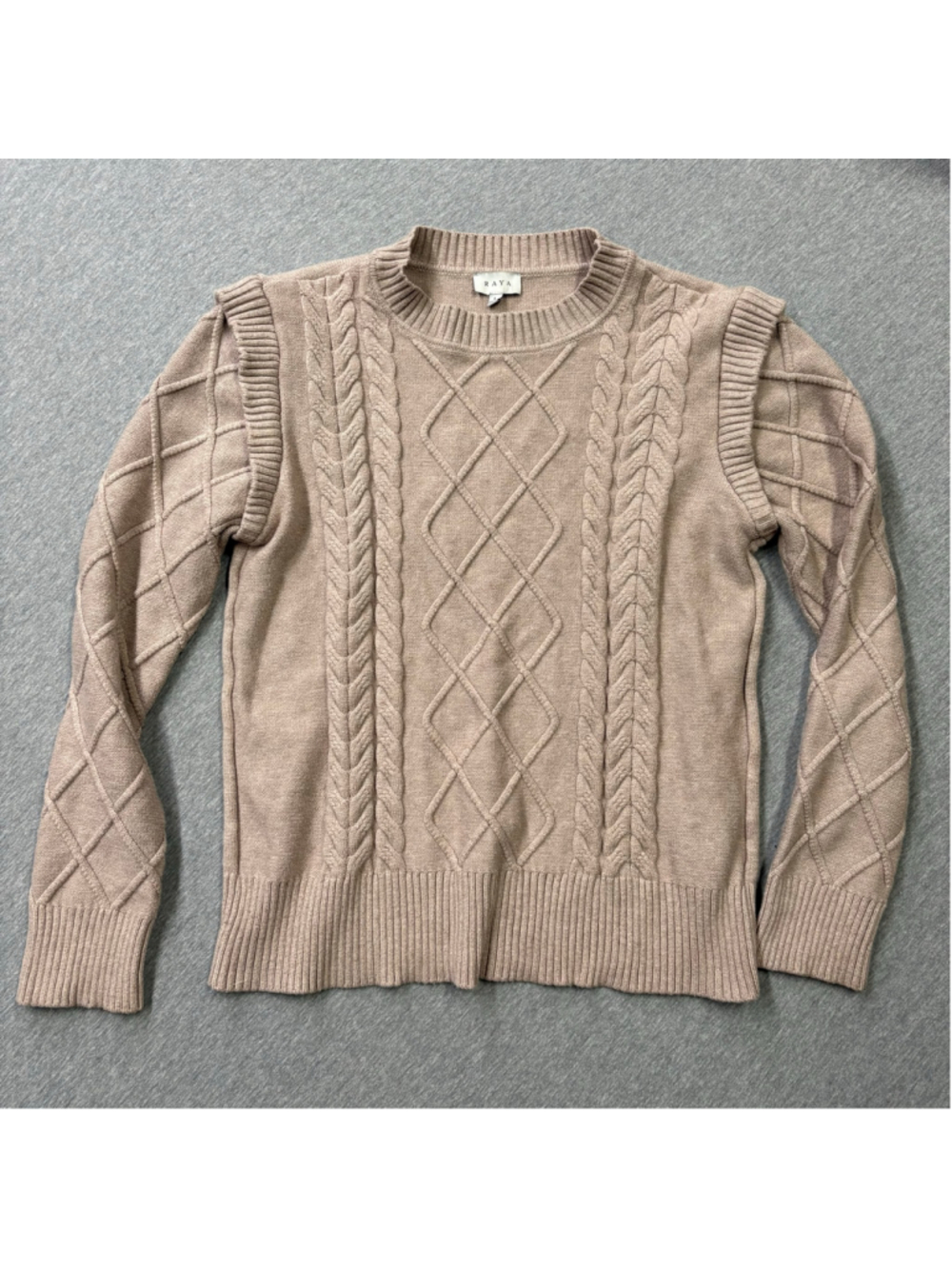 RAYA Cable Knit Sweater L Taupe Layered Ruffle Shoulder Diamond Knit Pullover